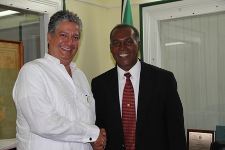 Premier of Nevis Hon. Vance Amory welcomes new VenezuelanAmbassador to St. Kitts and Nevis His Excellency Romolo Camilo Henriquez Gonzalez at his Bath Hotel office at Bath Plain